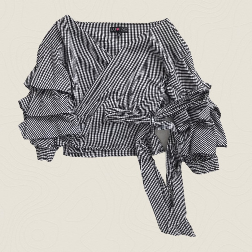 gingham wrap top with puffy sleeves